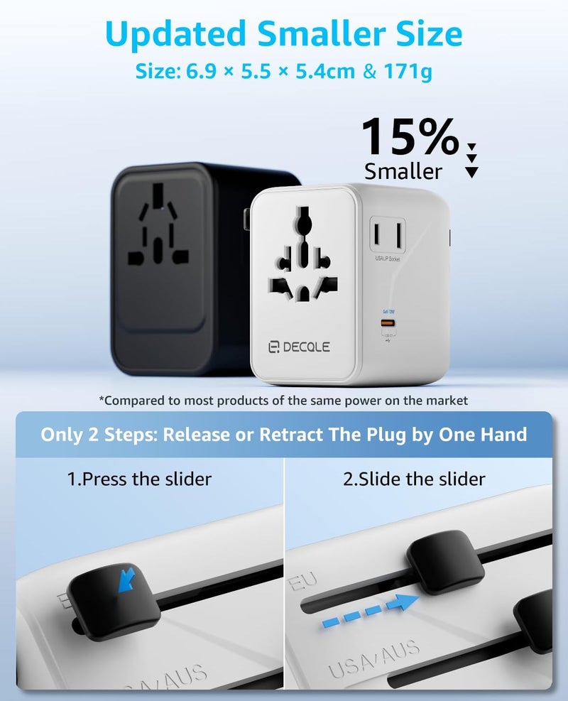 D DECQLE Universal Travel Adapter, International Travel Plug Adapter with 3 USB-C ＆ 2 USB-A Ports 70W, All in One Portable Socket, for USA, UK, EU, AU ＆ 224+ Countries (White) - Image 4